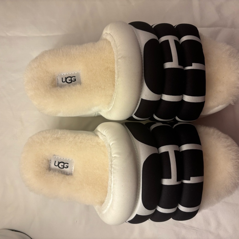 UGG Black and Cream Fuzzy Slippers